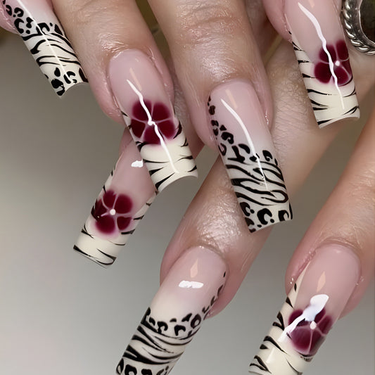 Savannah Safari Long Square Ombre Floral and Animal Print Press On Nail Set