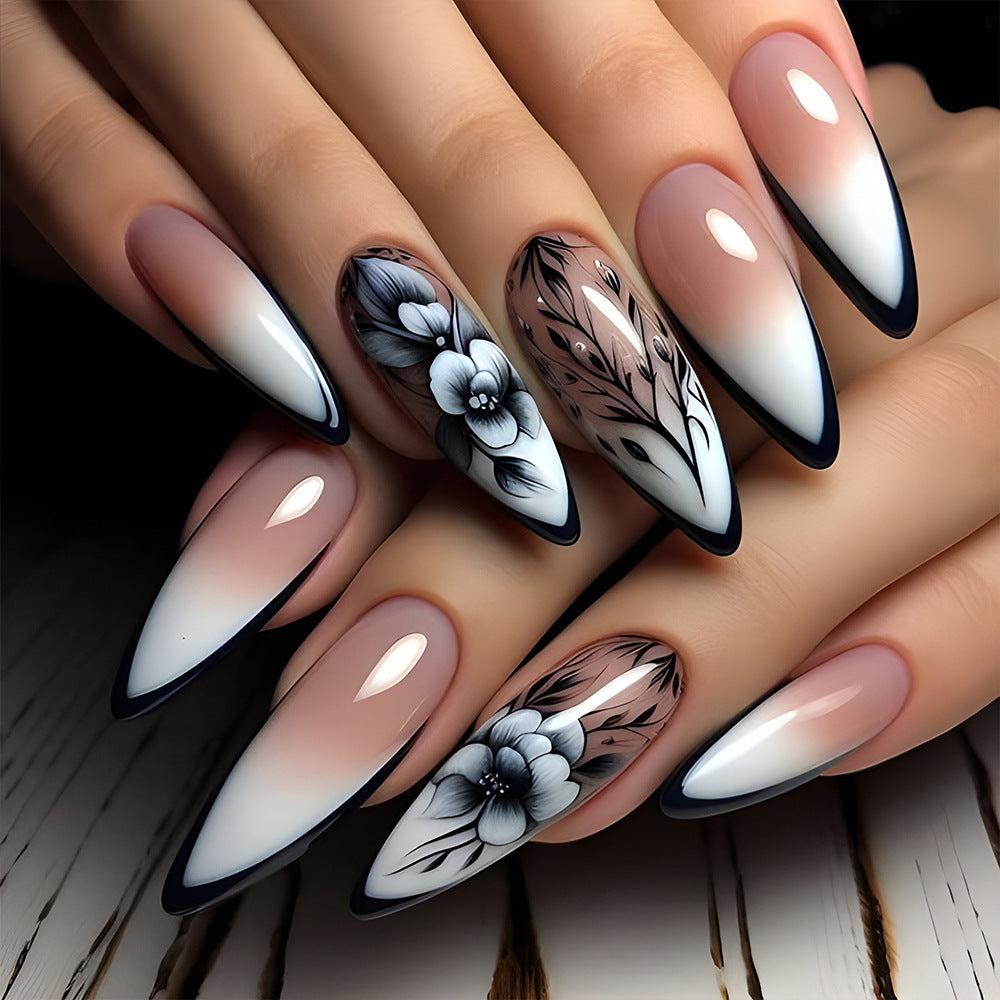 Chic Floral Elegance Long Stiletto Ombre White and Black Press On Nail Set with Intricate Hand-Painted Design