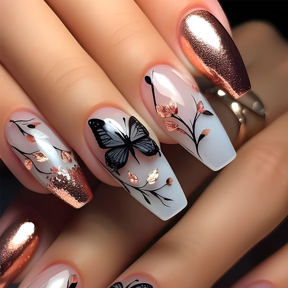 Whimsical Butterfly Garden Long Coffin Shaped Clear and Rose Gold Press On Nail Set with Artistic Floral Design