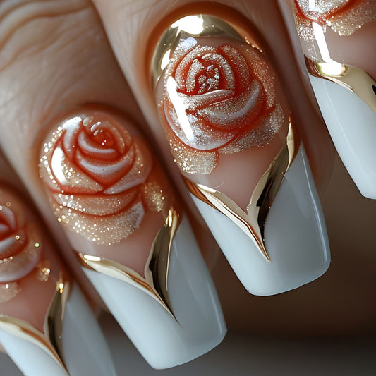 Elegant Floral Design Medium Square White with Rose Patterns and Gold Accents Press On Nail Set