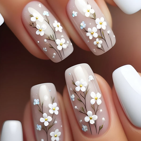 Blossom Elegance Long Square Soft Pink Press-On Nail Set with Floral Accents