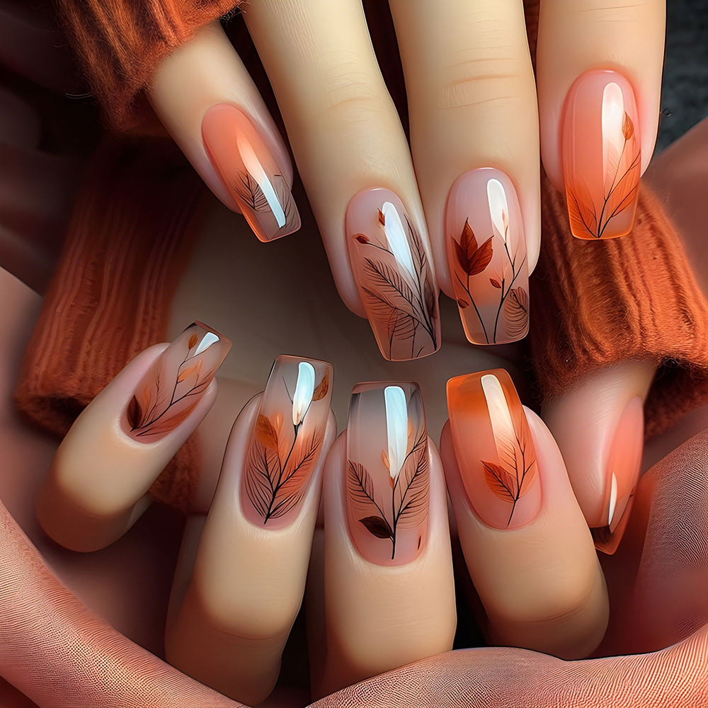 Autumn Elegance Long Square Peach Orange Press On Nail Set with Elegant Leaf Design