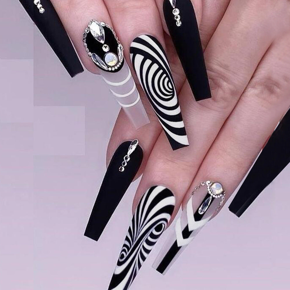 Chic Optical Illusion Extra Long Coffin Press On Nail Set Black and White with Rhinestone Accents