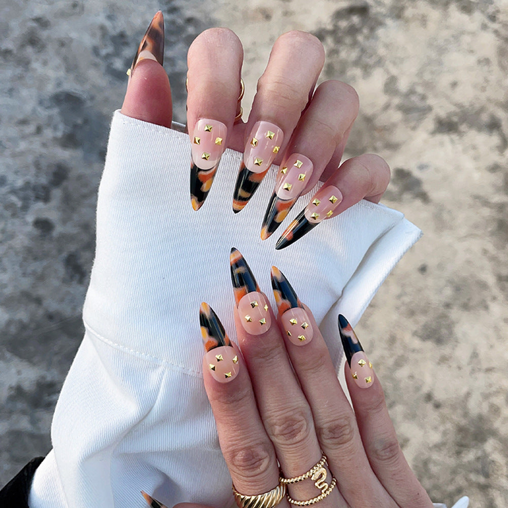 Wild Safari Glam Long Stiletto Press On Nails in Brown Orange and Black with Gold Stud Accents