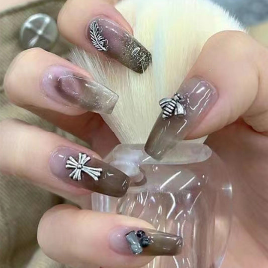 Whimsical Forest Inspired Long Coffin Ombre Brown Press On Nail Set with Unique Charm Details