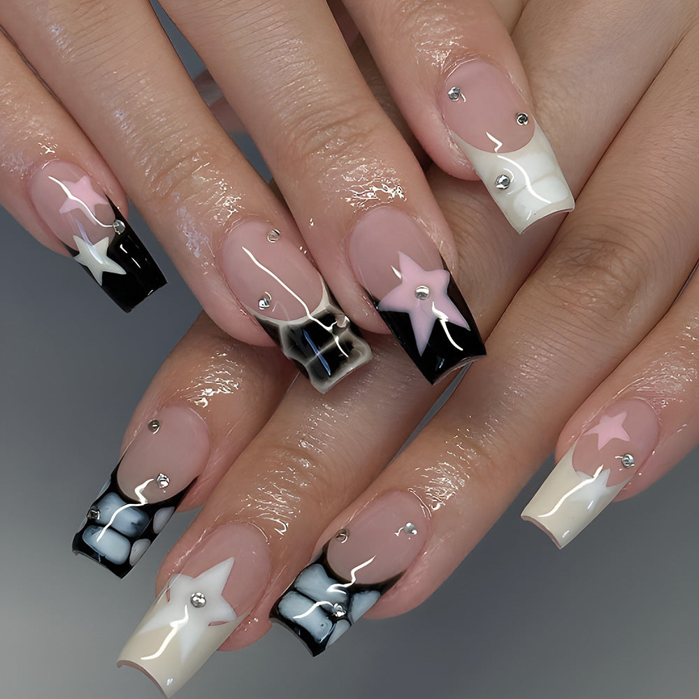 Galactic Dream Long Square Pink Black and White Press On Nail Set with Star Accents and Rhinestones