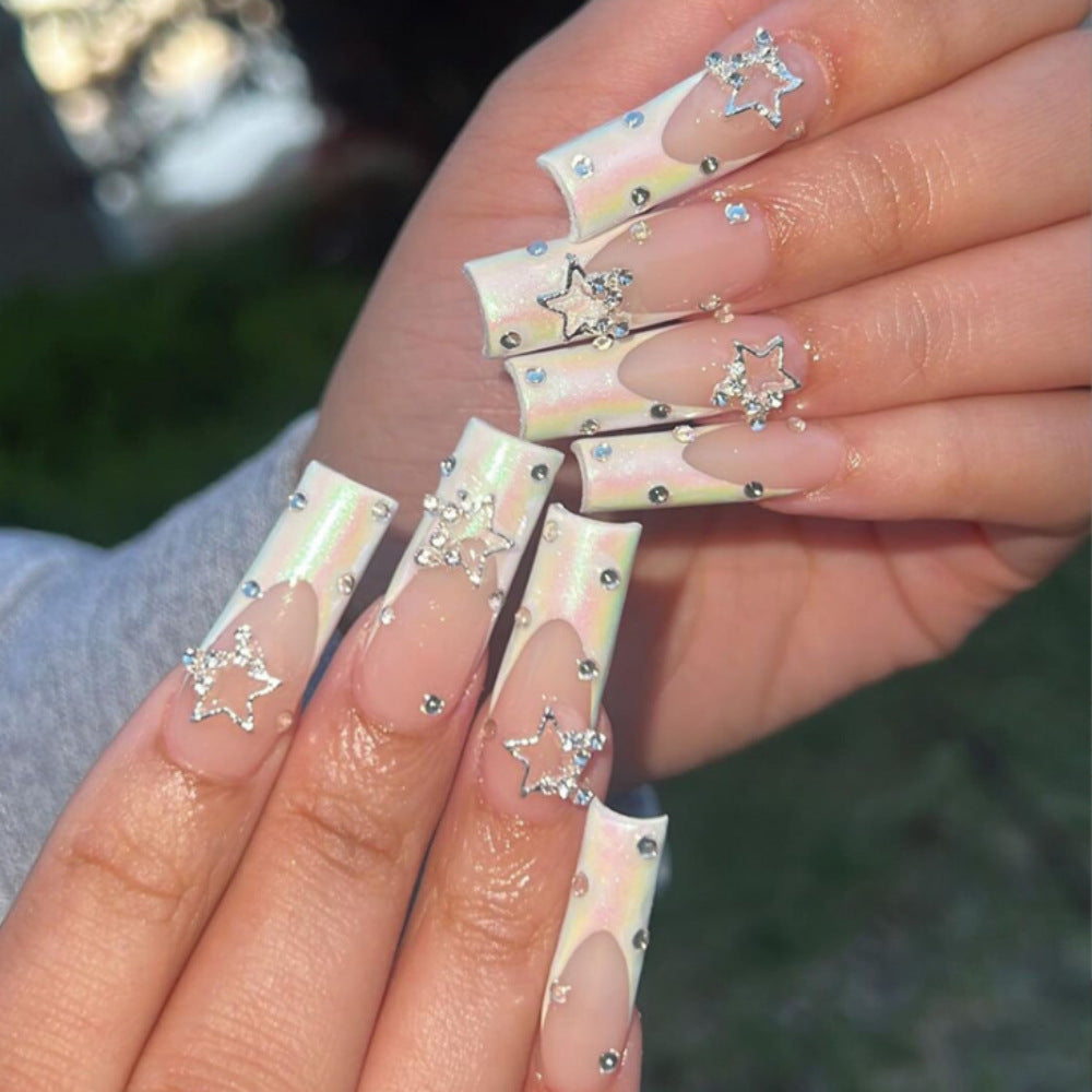 Starry Elegance Extra Long Coffin Pastel Iridescent Press On Nail Set with Rhinestone Stars