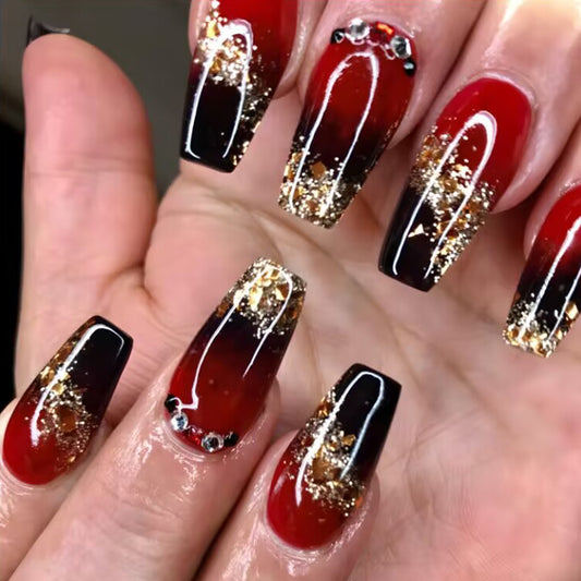 Glamorous Sunset Long Coffin Red Black Gradient Press On Nail Set with Gold Glitter Accents