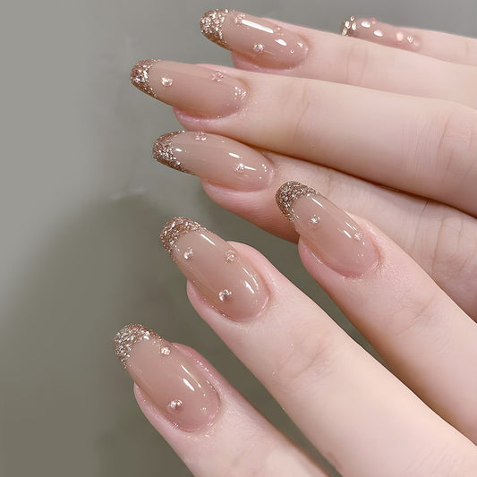 Glamorous Elegance Medium Coffin Beige with Sparkling Tips and Delicate Gem Accents Press On Nail Set