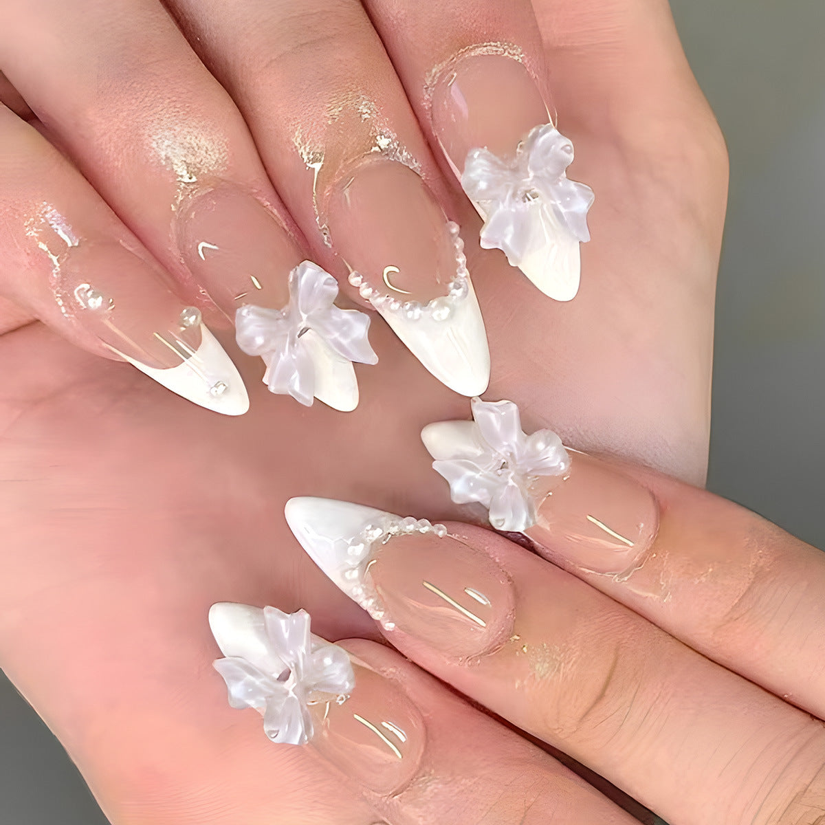 Ethereal Elegance Extra-Long Stiletto Clear Press On Nail Set with 3D Floral Embellishments