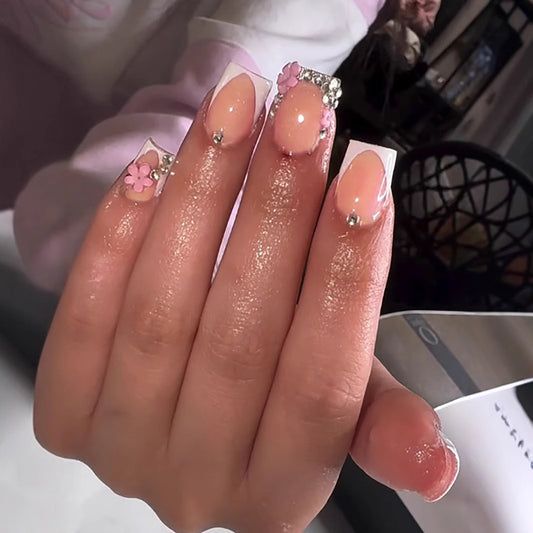 Blossom Dreams Short Square Peach and White Press On Nail Set with Floral Accents and Sparkling Gems