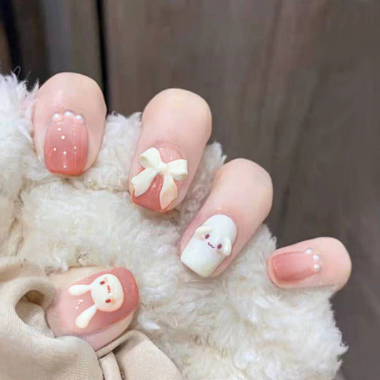 Bunny Delight Medium Square Pink and White Press On Nail Set with Cute Bow and Bunny Designs