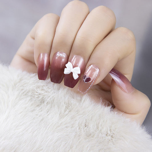 Charming Romance Long Coffin Ombre Burgundy Press On Nail Set with Cute Bow and Heart Accents