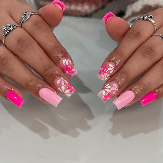 Floral Dream Long Square Pink Ombre Press On Nail Set with Unique Hand-Painted Petal Design