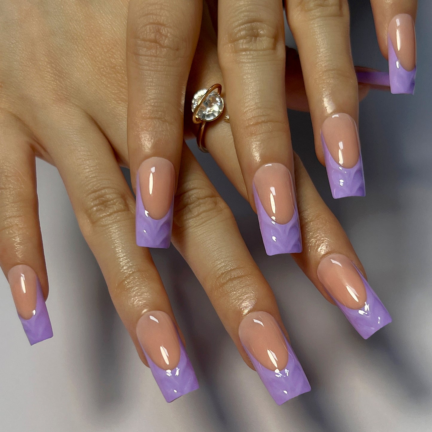 Dreamy Lavender Sunset Long Square Press On Nail Set with Ombre Design and Glossy Finish