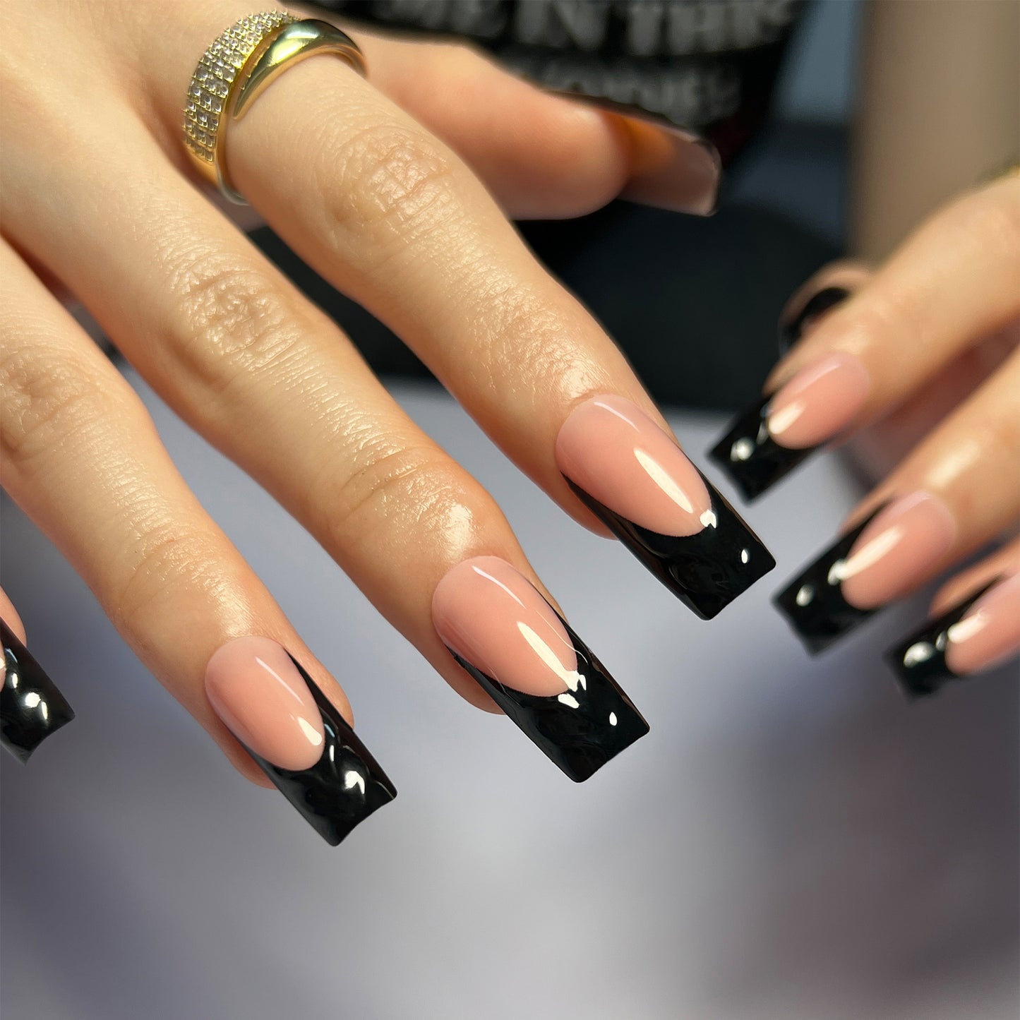 Elegant Midnight Glam Press On Nails Long Square Pink and Black with Glossy Finish Theme