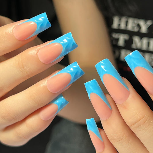 Ocean Wave Long Square Blue and Pink Press On Nail Set with Glossy Finish