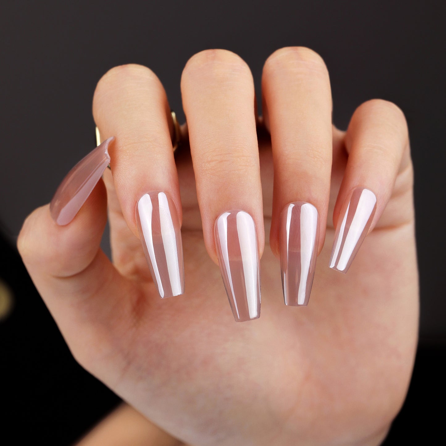 Glamorous Elegance Long Coffin Beige Press On Nail Set with Glossy Finish