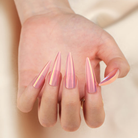 Glamorous Sunset Inspired Long Stiletto Press On Nail Set in Shimmery Pink with Iridescent Shine