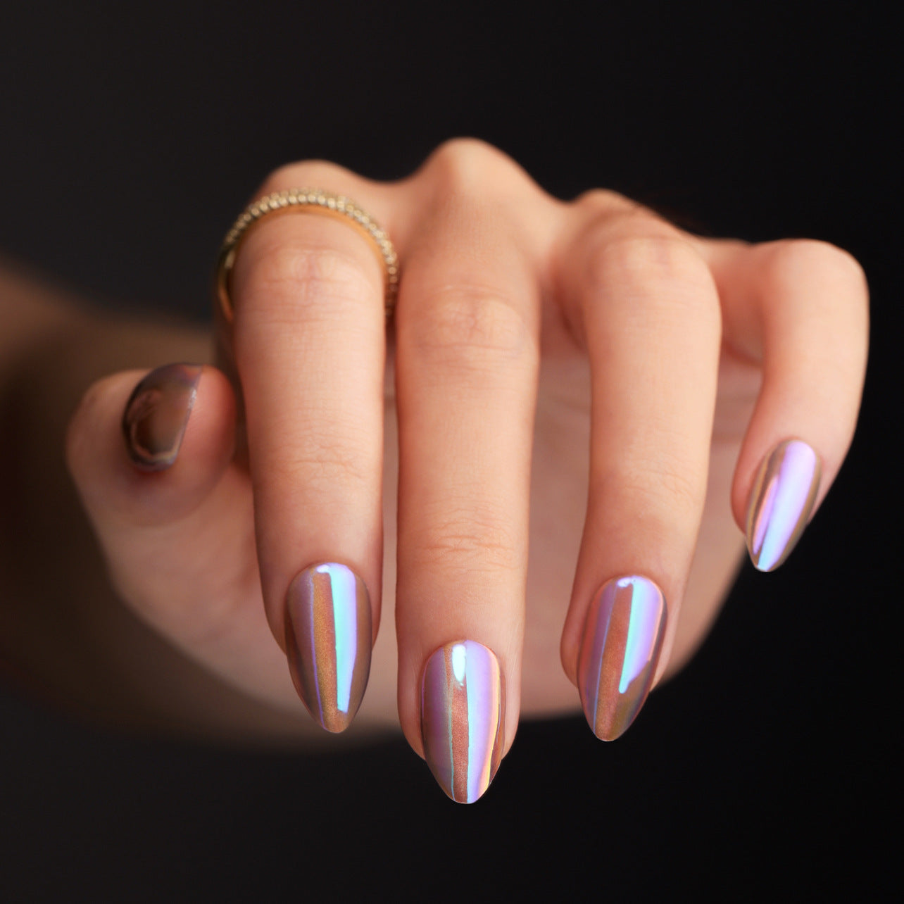 Aurora Dream Metallic Almond Press On Nail Set Long Sharp Multicolor with Iridescent Shine