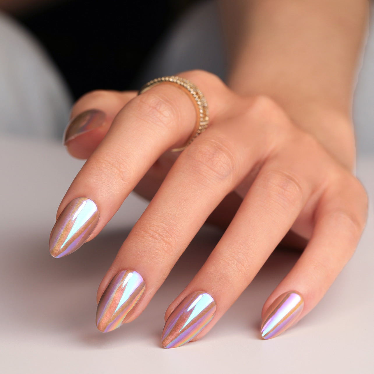 Celestial Dream Long Almond Press On Nails Iridescent Pink with Shimmering Holographic Finish