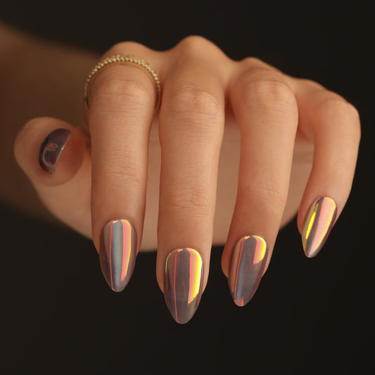 Celestial Dream 8 Long Almond Iridescent Gray Press On Nail Set with Stunning Holographic Shine