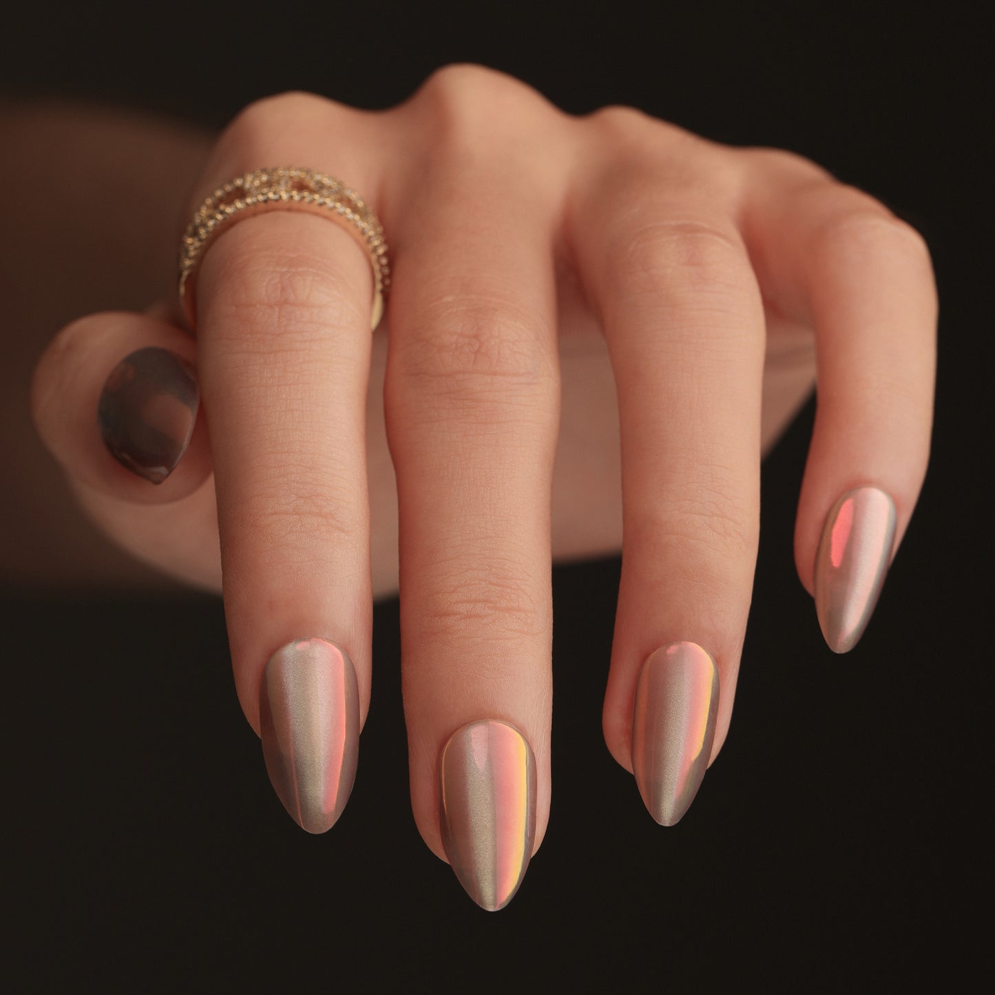 Glamorous Twilight Dream Long Almond Gradient Pink Chrome Press On Nail Set with Iridescent Finish