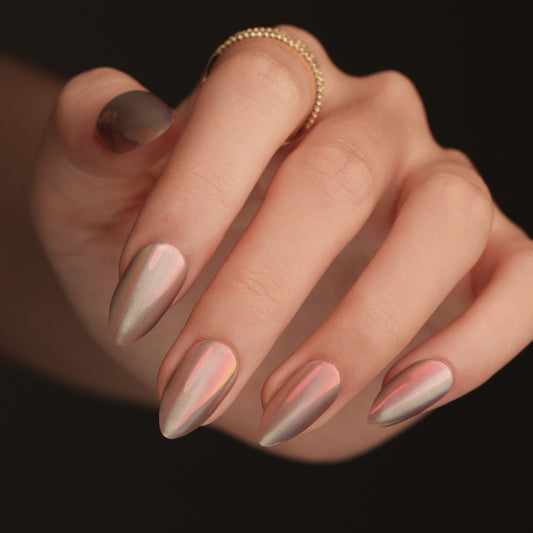 Mystical Elegance Long Almond Press On Nail Set in Iridescent Rose Gold with Light Reflecting Finish