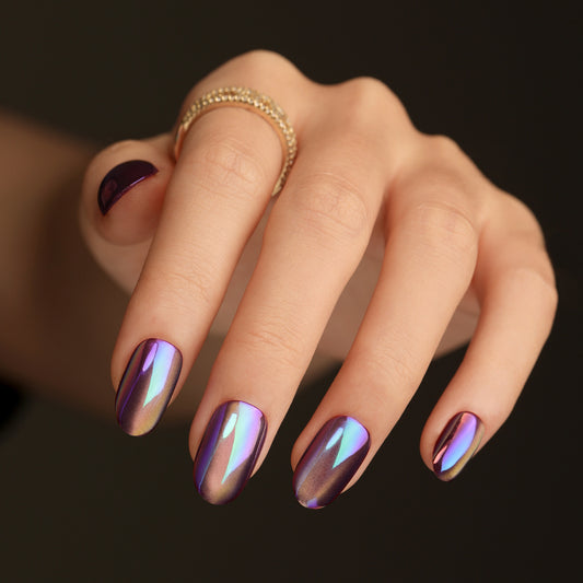 Glamorous Iridescent Press On Nail Set Long Almond Shape Purple and Blue Glossy Finish with Stunning Reflective Effect