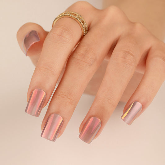 Ethereal Charm Long Square Blush Pink Metallic Press On Nail Set with Iridescent Shine