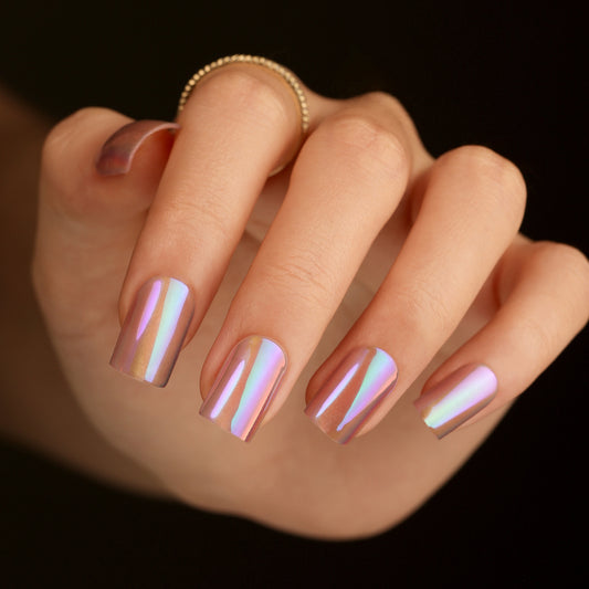 Holographic Dream Medium Square Press On Nail Set in Iridescent Pink with Reflective Finish