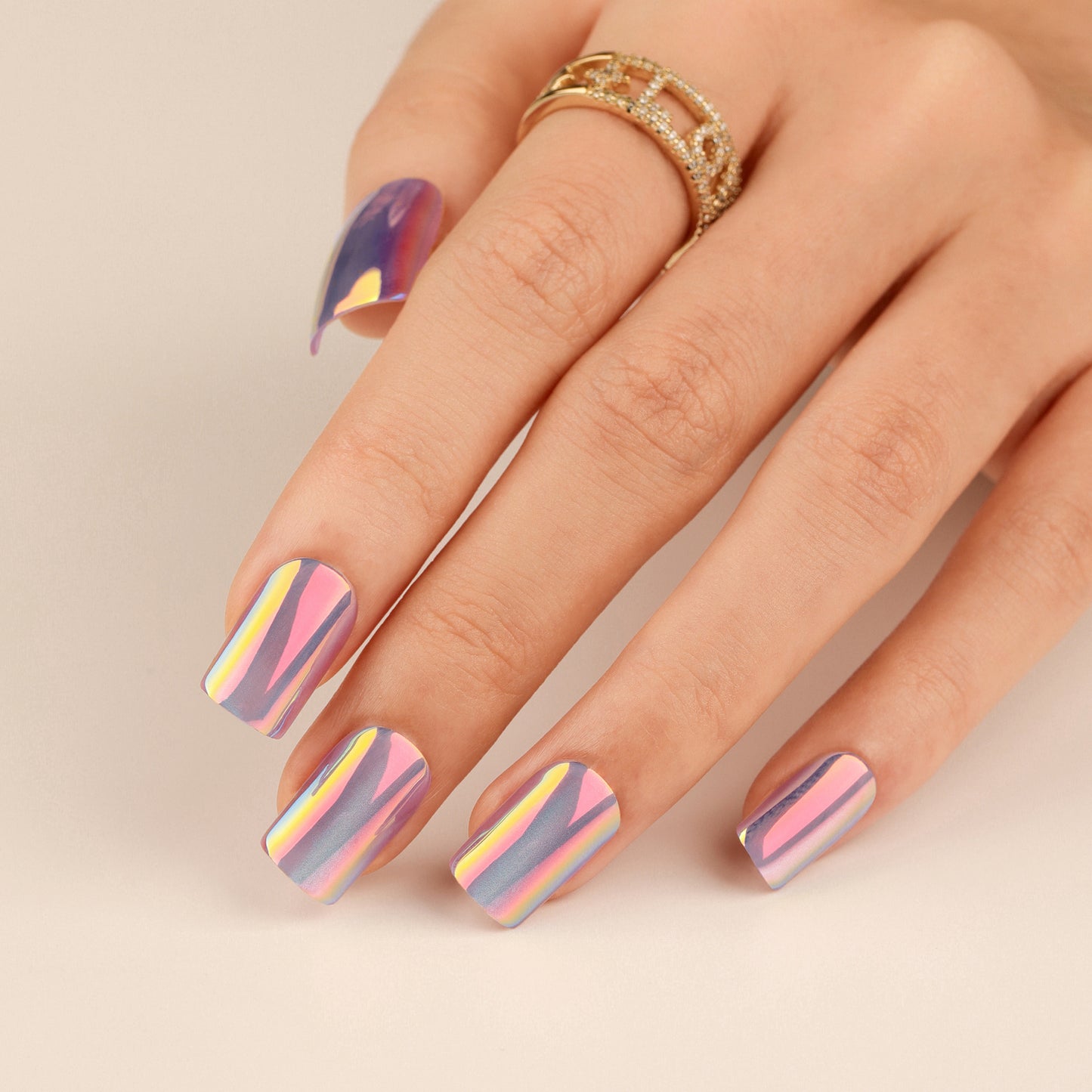 Rainbow Dreams Medium Square Press On Nail Set Multicolored with Shimmering Highlights