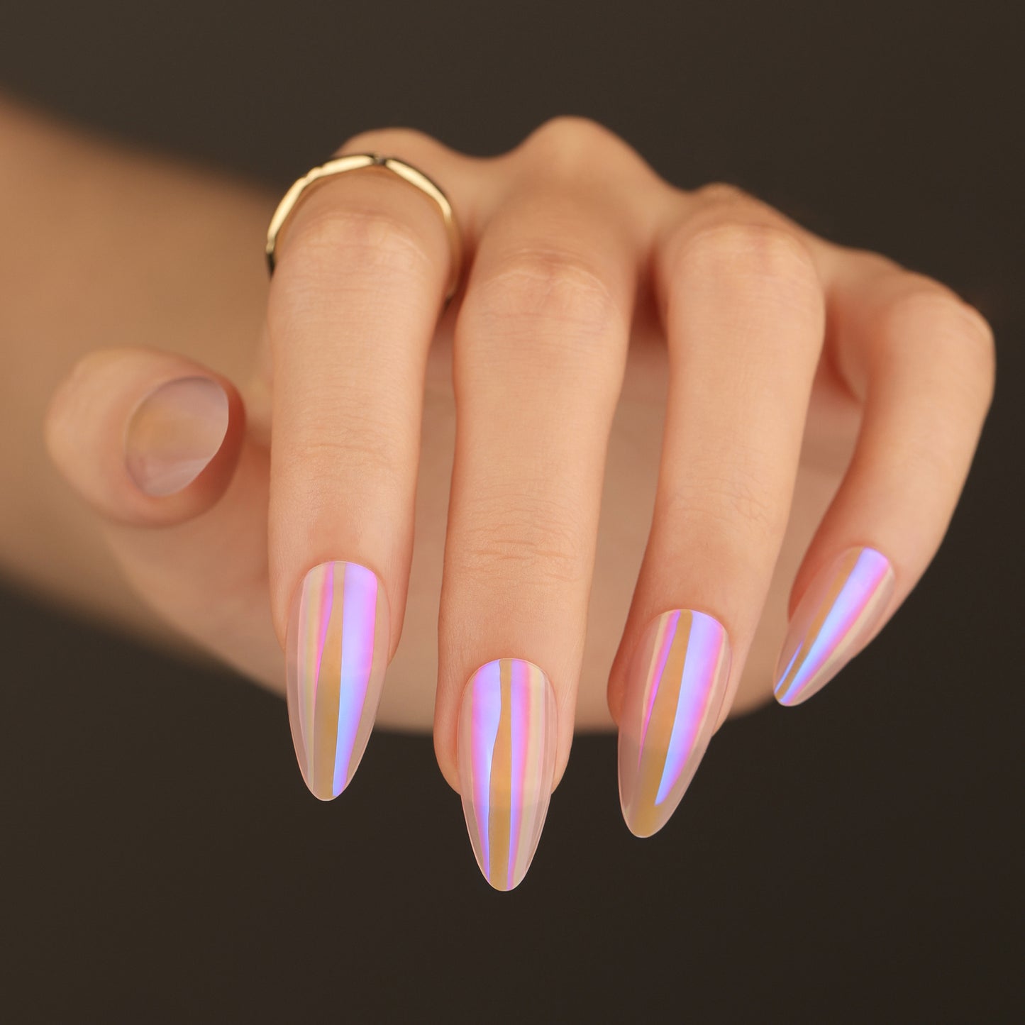 Dreamy Unicorn Inspired Long Almond Shaped Iridescent Press On Nail Set with Colorful Stripes