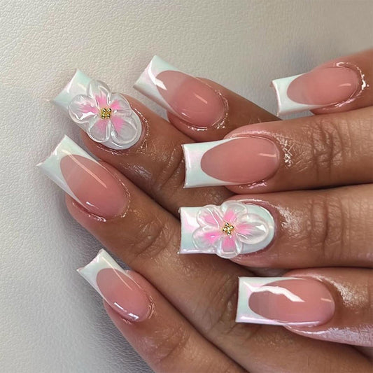 Floral Elegance Long Square Press On Nail Set in Soft Pink and White with 3D Flower Accents