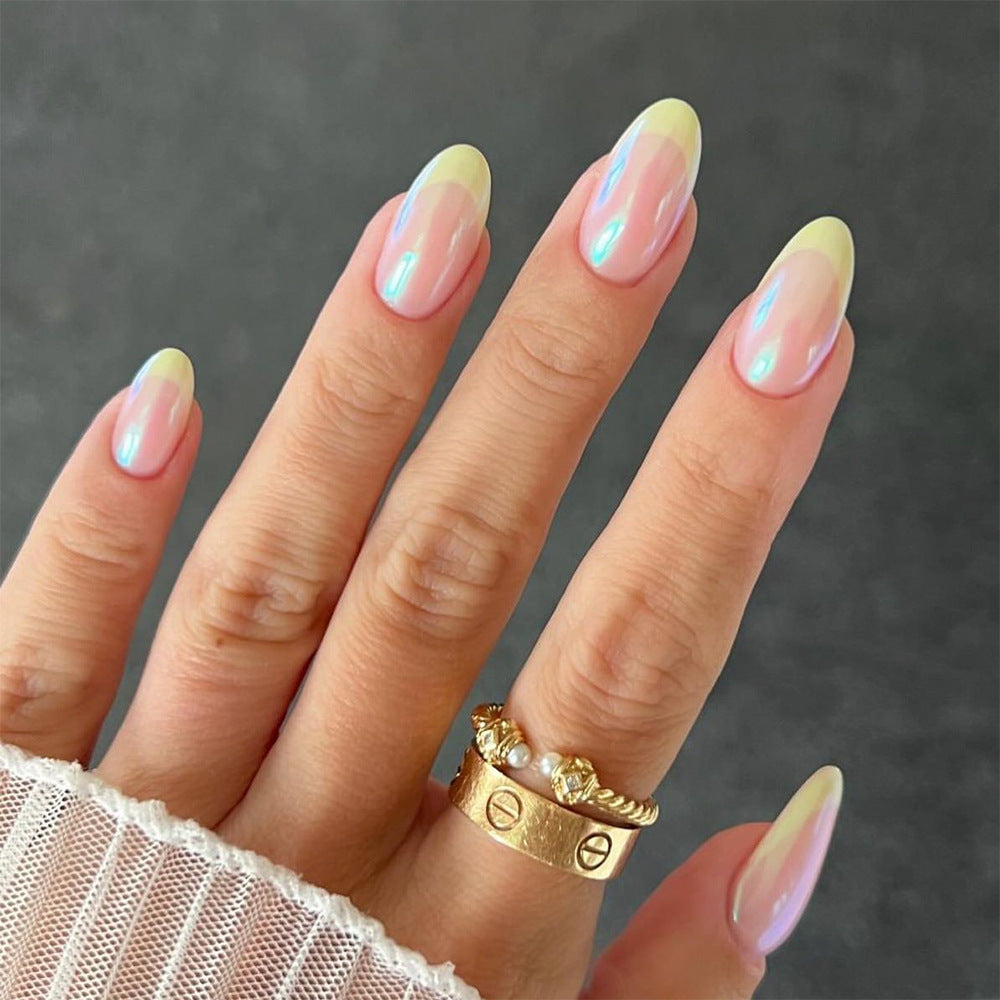 Dreamy Sunrise Almond Shaped Press On Long Nail Set in Pastel Pink and Yellow with Iridescent Finish