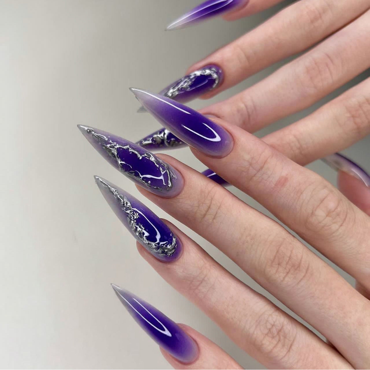 Majestic Amethyst Long Stiletto Press On Nail Set in Deep Purple with Marble Design