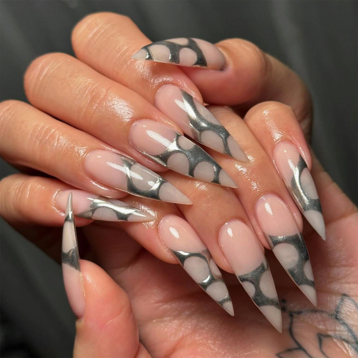 Daring Elegance Long Stiletto Press On Nails in Clear Pink with Metallic Silver Geometric Design