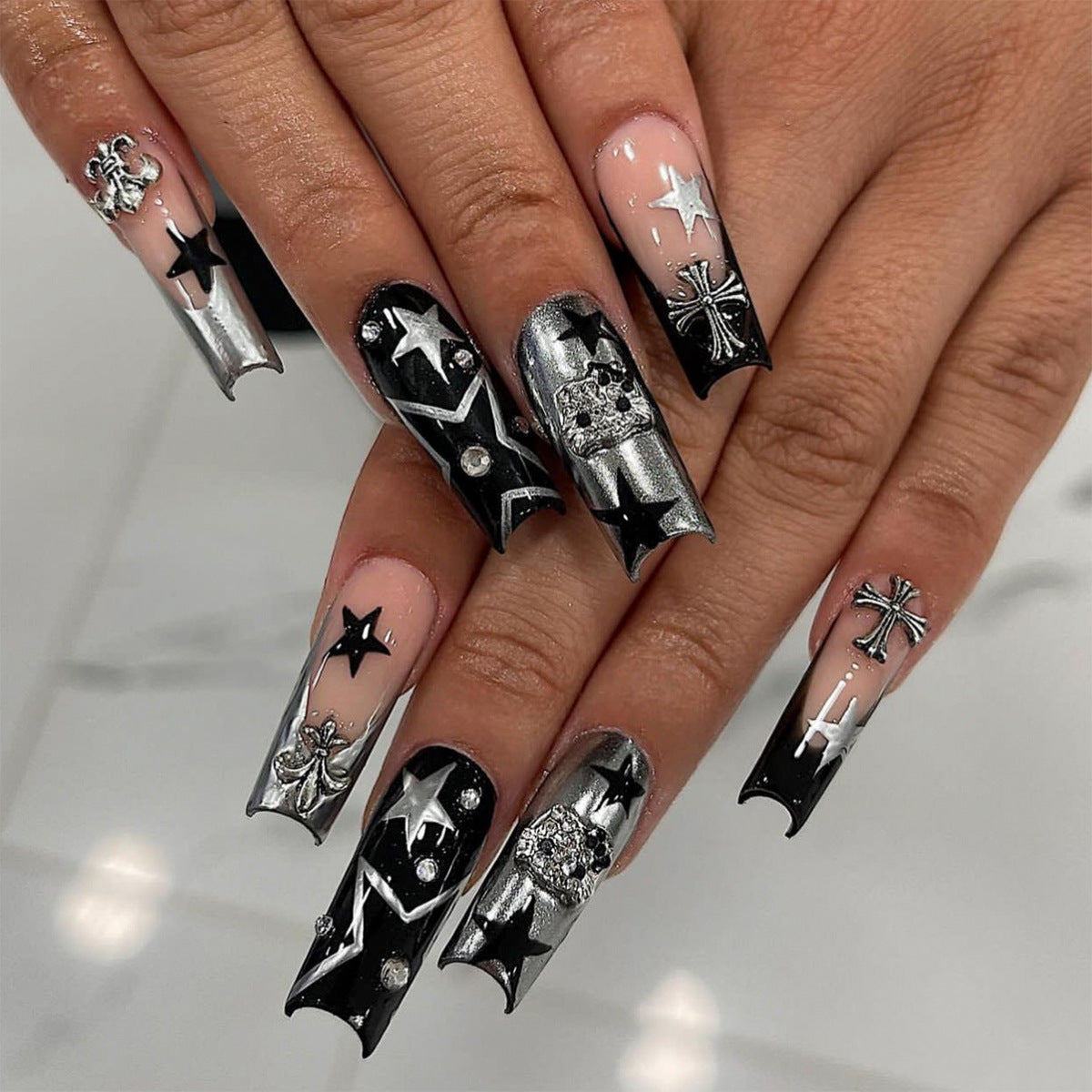 Gothic Glam Long Square Black and Silver Press On Nail Set with Intricate Star and Cross Designs