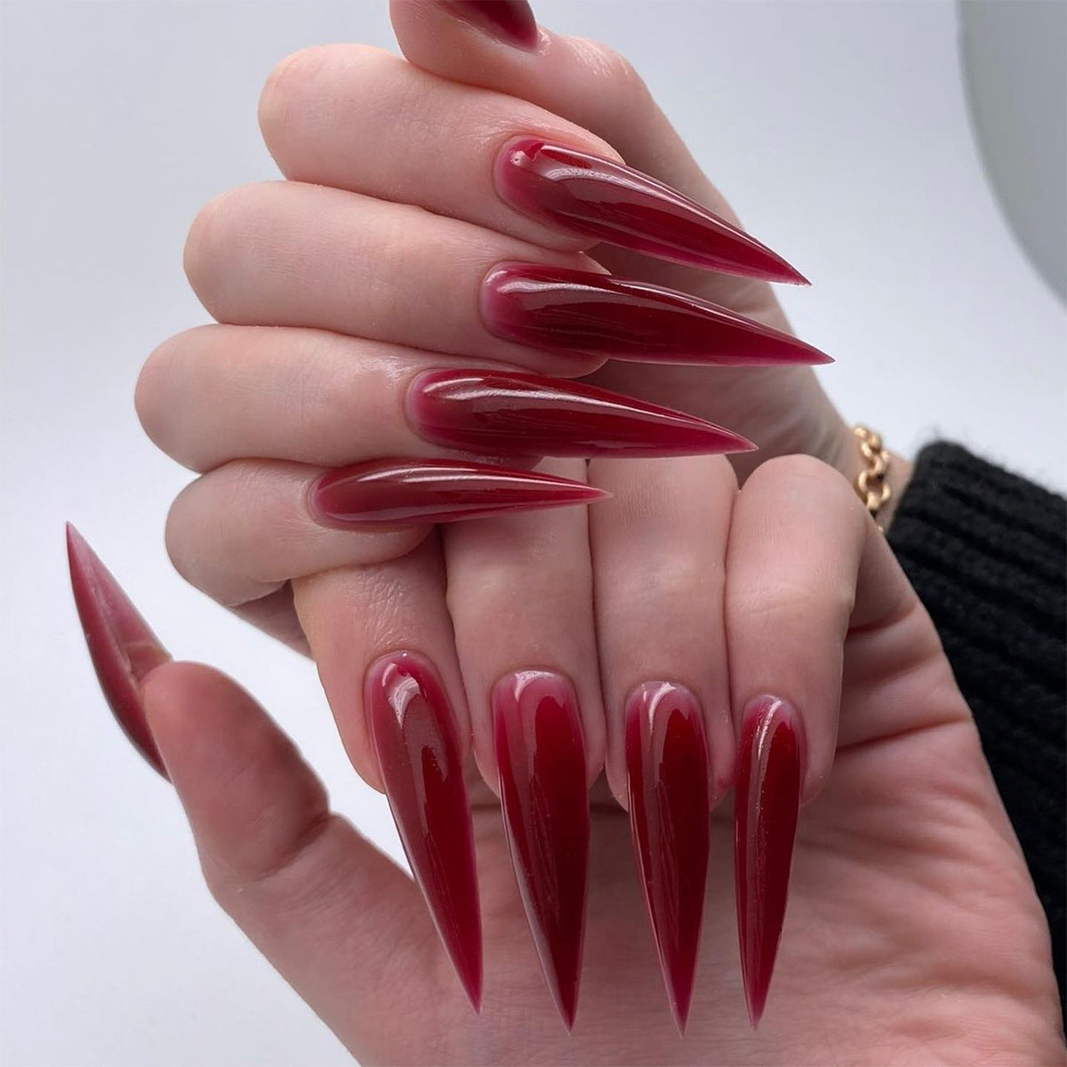 Mystical Glamour 10 Long Stiletto Burgundy Press On Nails with Mirror Shine Finish