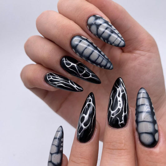 Gothic Elegance Extra Long Stiletto Press On Nail Set Black and White Marble Finish with Unique Vein Design