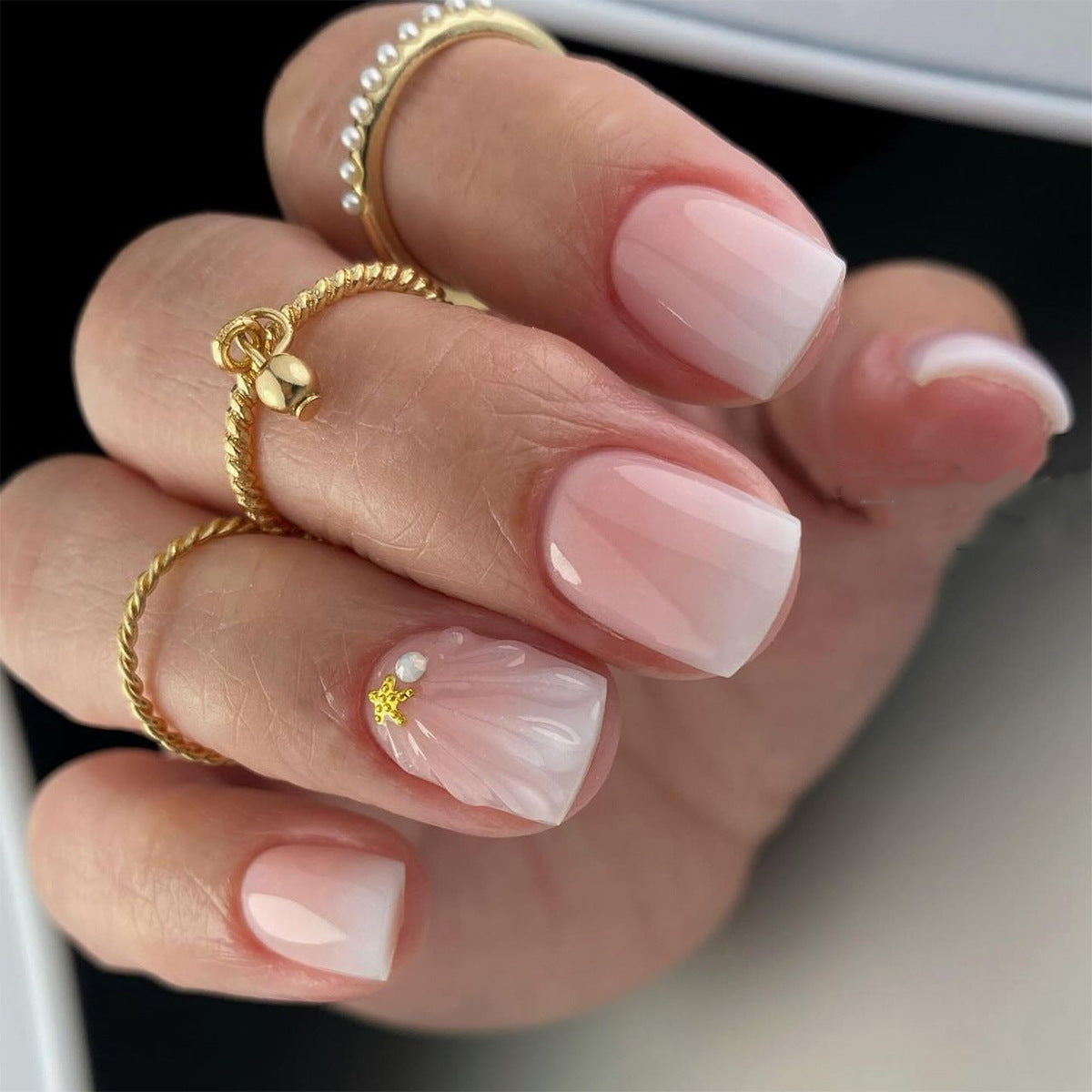 Dreamy Blossom Elegance Short Square Pink Ombre Press On Nail Set with Floral Design and Pearl Accent