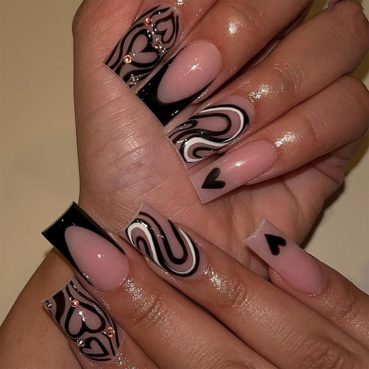 Elegant Romance Long Square Press On Nail Set in Black and Pink with Heart and Swirl Designs and Rhinestone Accents