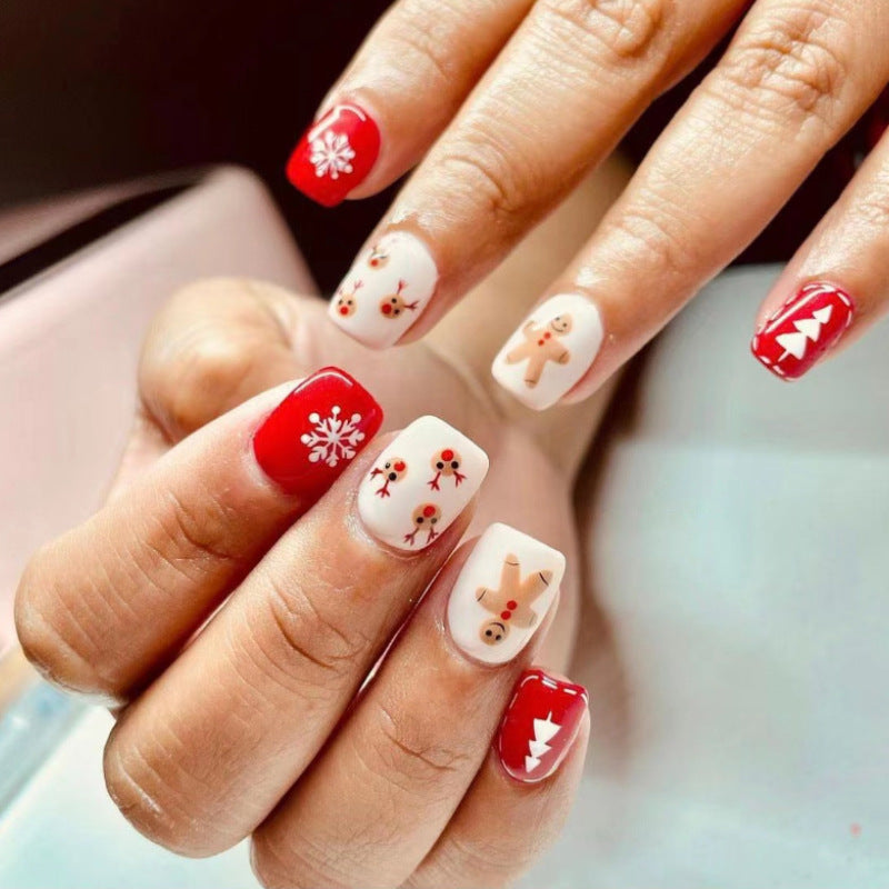 Winter Wonderland Medium-Length Square Press On Nail Set in Red and White with Festive Holiday Patterns