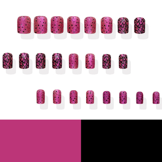 Glamorous Garden Fantasy Short Square Pink with Sparkling Dots and Intricate Black Lace Design Press On Nail Set