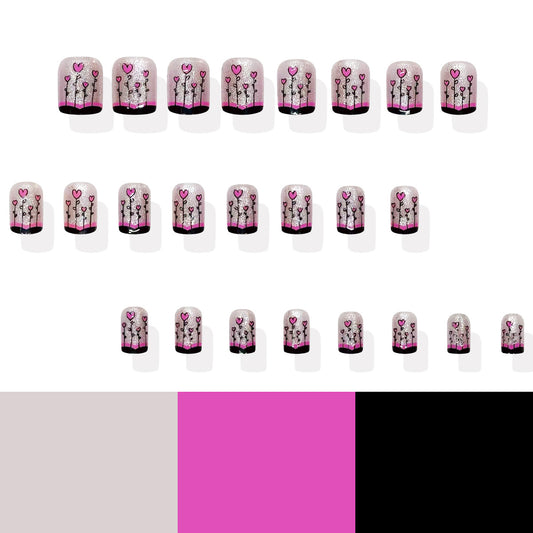 Whimsical Romance Short Square Pink and Black Floral Glitter Press On Nail Set