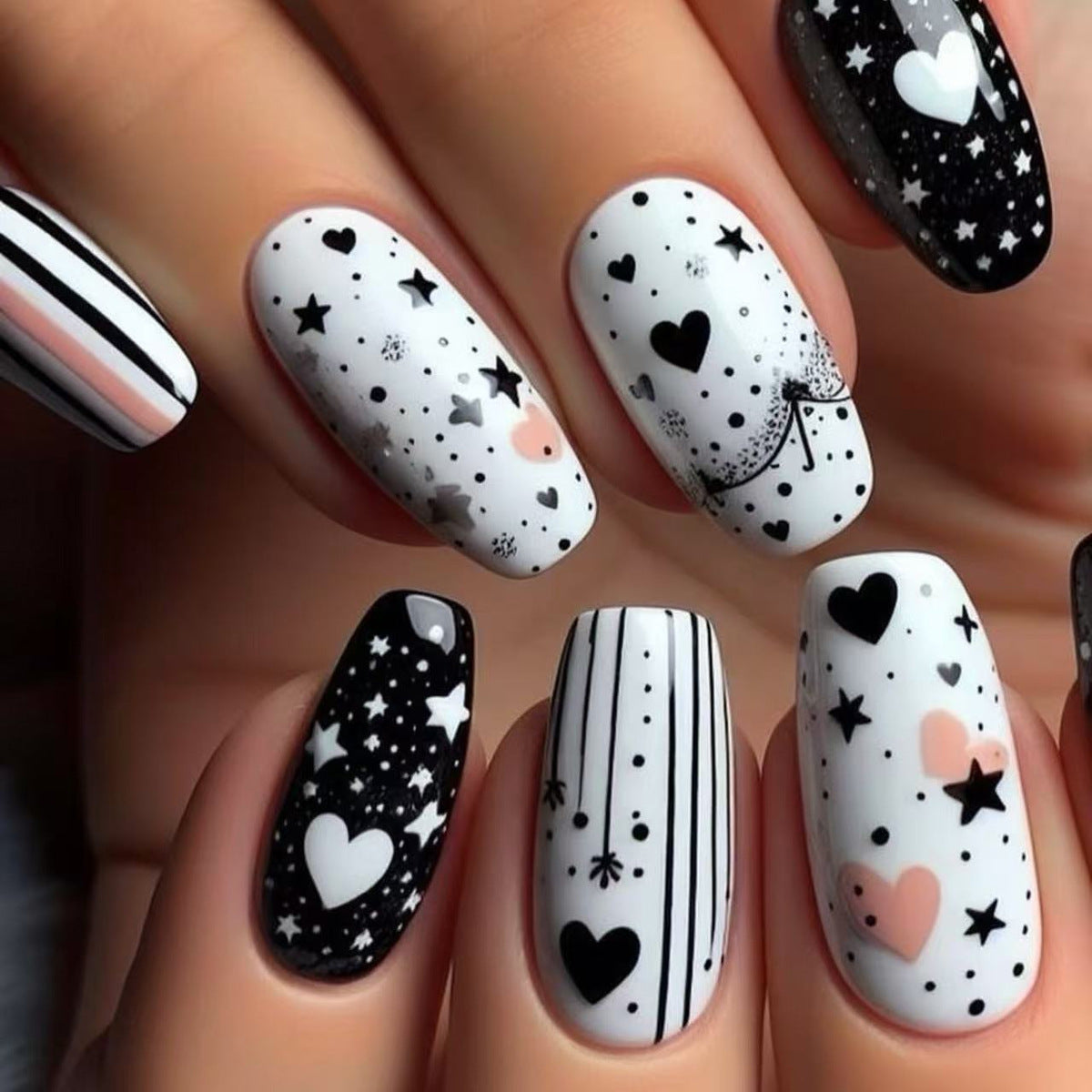 Celestial Dream Black and White Long Coffin Press On Nail Set with Heart and Star Accents