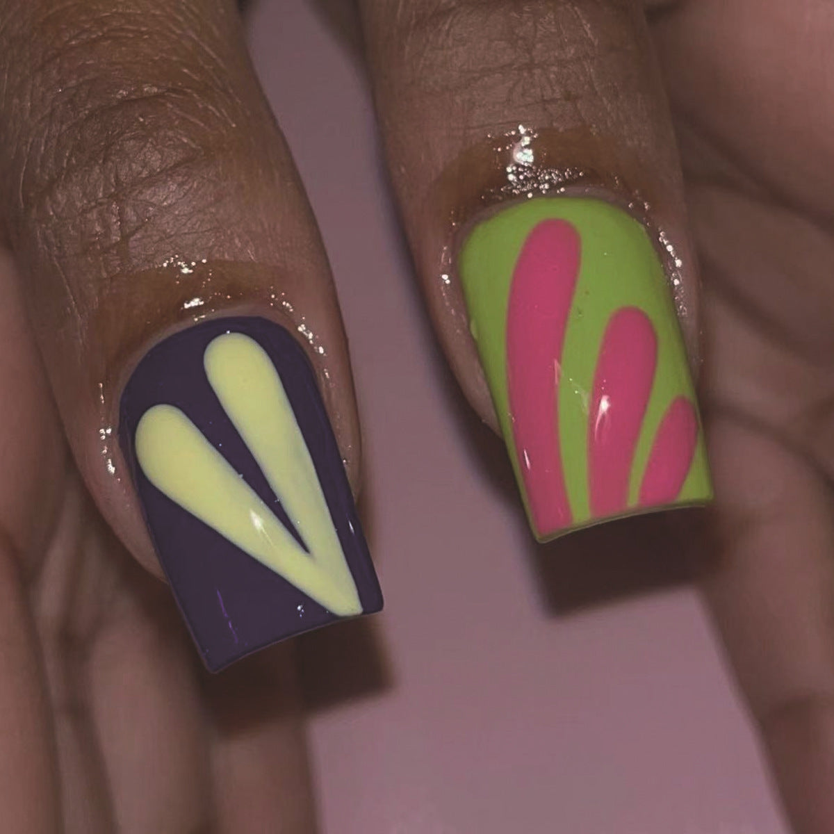 Tropical Flair Long Square Shape Press On Nail Set in Neon Green and Purple with Abstract Art Design