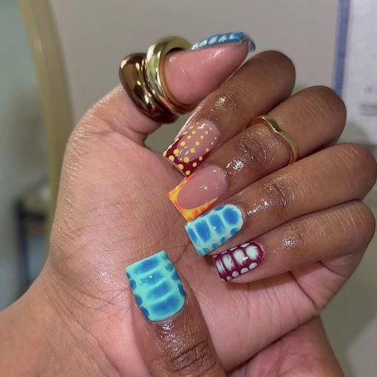 Summer Splash Medium Square Multicolor Press On Nail Set with Unique Pattern Accents