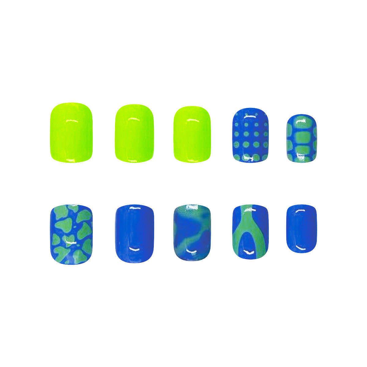 Tropical Escape Long Square Neon Green and Blue Press On Nails with Unique Pattern Accents