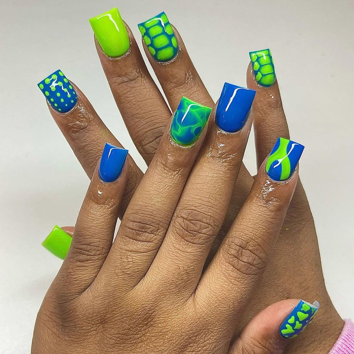 Tropical Escape Long Square Neon Green and Blue Press-On Nail Set with Marble Swirl Design